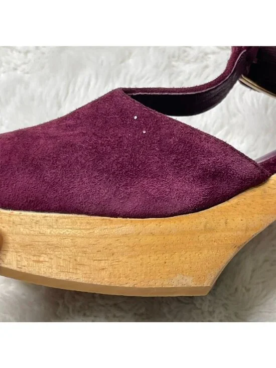 Charlotte Stone Maud T-Strap Clogs Burgundy Suede Wooden Platform Heels Size 8 - Picture 9 of 16